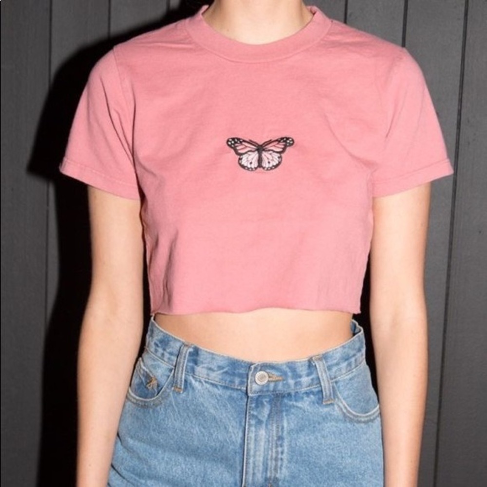 brandy melville pink butterfly crop tee